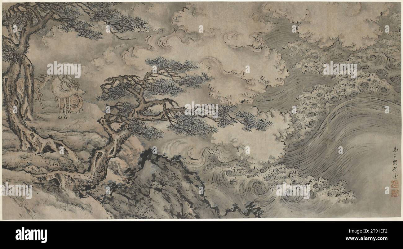 Deer by Stormy Sea, ca. 1670, Ma futu, Chinesisch, 1614 - 1681, 47 3/8 x 87 Zoll (120,33 x 220,98 cm) (Bild), Tinte und Farbe auf Papier, China, 17. Jahrhundert, geboren in der Provinz Shandong, Ma futu hat seinen Ju Ren (Bachelor)-Abschluss bestanden, aber es gibt keine Aufzeichnungen, dass er ein Regierungsamt innehatte. Fast alle seine erhaltenen Gemälde wurden, wie das vorliegende Werk, zum großen Teil mit den Fingerspitzen oder Nägeln sowie mit dem Pinsel ausgeführt. Die Fingermalerei wurde durch den Kaiser Shunzhi (R. 1644–1661) wiederbelebt und machte sie während des frühen Qing modisch Stockfoto