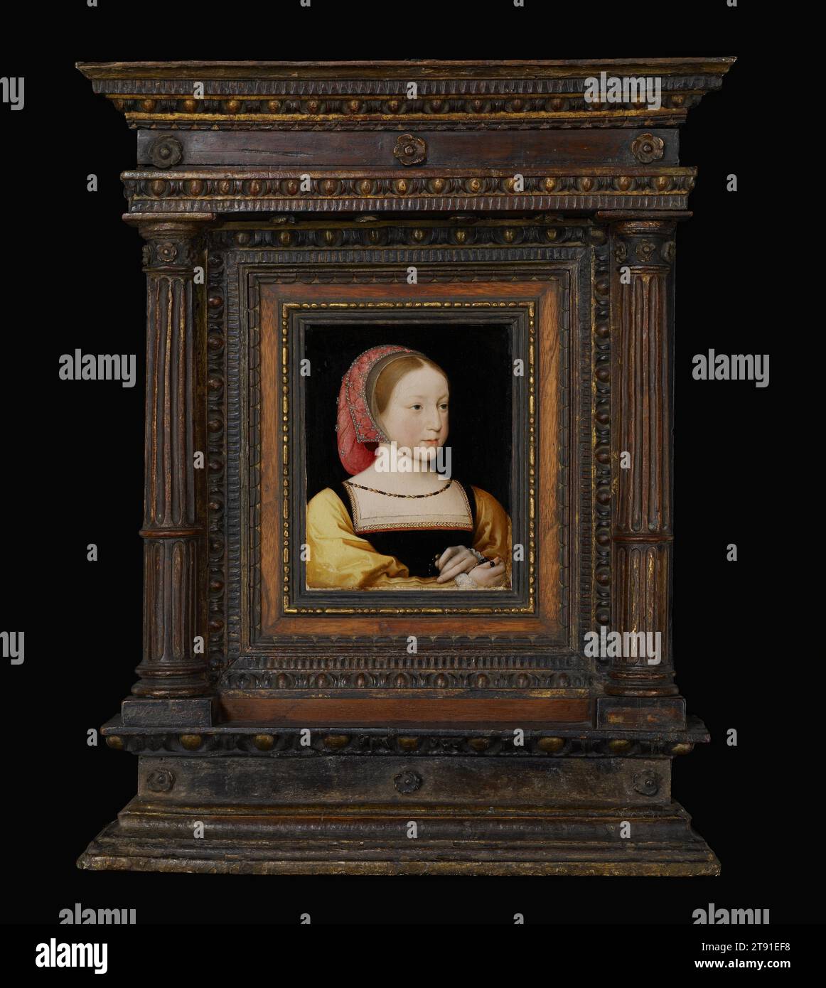 Porträt von Charlotte von Frankreich, um 1522, Jean Clouet der Jüngere, Französisch (Paris), Französisch (Paris), 1475–1541, 7 x 5 1/4 x 3/16 cm. (17,78 x 13,34 x 0,4 cm), Öl auf Wiegenplatte, Frankreich, 16. Jahrhundert, Prinzessin Charlotte war die Tochter von König Franz I. von Frankreich, dessen Hof ein internationales Zentrum der Künste war. Ihre reiche Kleidung und die Juwelenmütze zeigen ihren hohen Status. Ihr Rosenkranz zeigt, dass sie eine fromme Katholikin war. Sie war zum Zeitpunkt des Porträts etwa sieben Jahre alt und starb im Alter von acht Jahren. Die europäischen Königsfamilien gaben Porträts ihrer Kinder in Auftrag Stockfoto