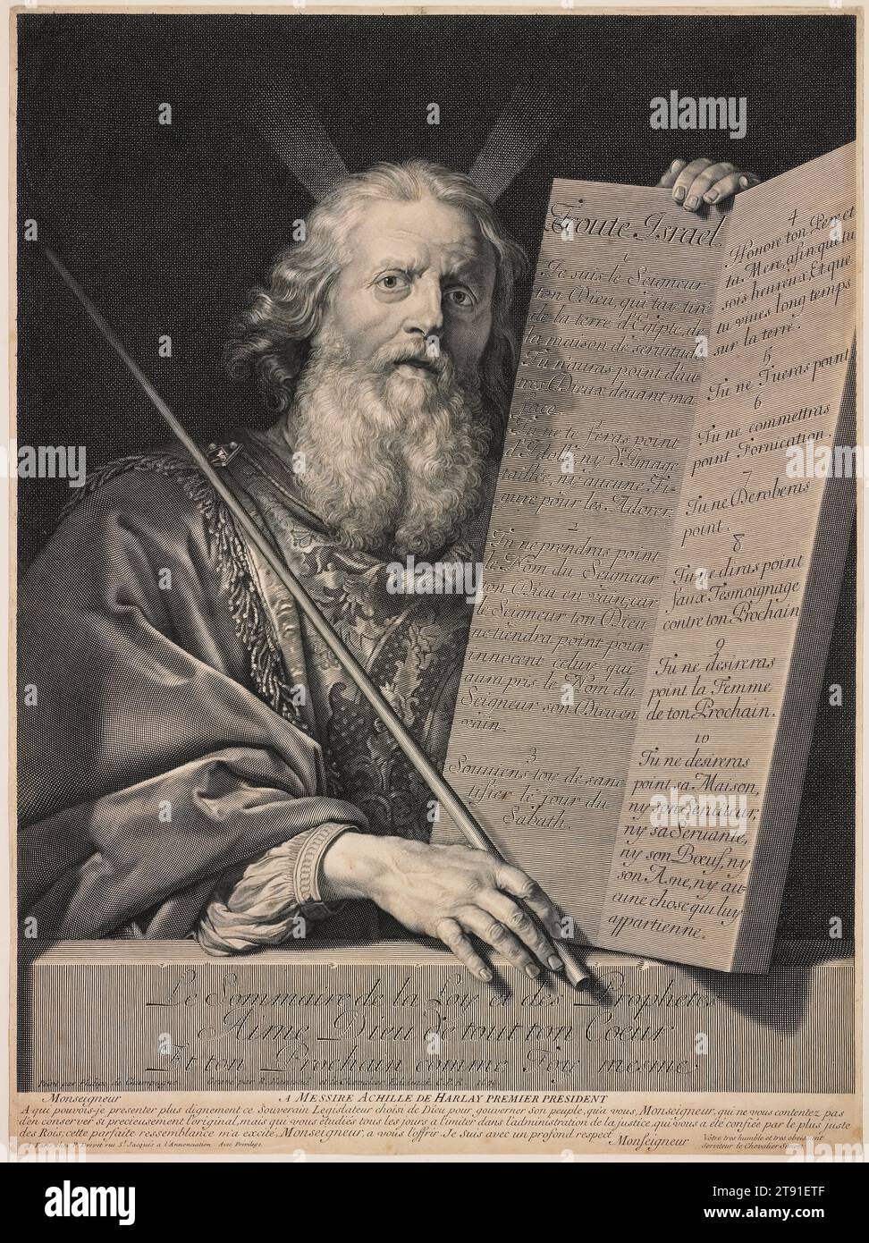 Moses Presenting the Ten Commandments, 1699, begonnen von Robert Nanteuil; Gravur: Vollendet von Gérard Edelinck; Künstler: Nach Philippe de Champaigne; Herausgeber: Pierre Drevet, Französisch, 1623-1678, 22 1/8 x 16 3/8 cm. (56,2 x 41,59 cm) (Bild), Gravur, Frankreich, 17. Jahrhundert, dieser prächtige Bart konnte nur das Werk eines Wollkaufmanns sein, wie es Robert Nanteuil war. Hier wandte der Porträtstecher von Ludwig XIV. Seine Hand an einen höheren Gesetzgeber, Moses. Der Entwurf stammt von Philippe de Champaigne, einem frommen französischen Katholik (zwei Töchter waren Nonnen) Stockfoto