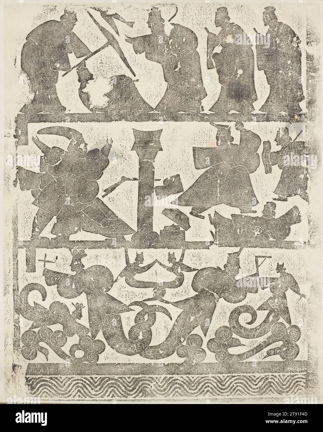 Das Schrein der Wu-Familie zeigt Jahrhunderte, die Lao-tz'u treffen, 2. Jahrhundert, Tinte auf Papier, China, 2. Jahrhundert, eine Steinplatte, die 1786 an der Stelle des Friedhofs der Familie Wu entdeckt wurde, veranschaulicht die Begegnung von Konfuzius und Lao-tz'u. Die beiden großen Lehrer, die legendären bronzezeitlichen Gründer der konfuzianischen und taoistischen Philosophieschulen, werden in formalen Gewändern gezeigt und unterhalten sich im Zentrum der Reibung. Die Szene entspricht im Allgemeinen den Aufzeichnungen der konfuzianischen Klassiker, die den Fahrer von Konfuzius' Wagen als den Schüler des Meisters, Nan Kung Ching Shu, identifizieren. Stockfoto