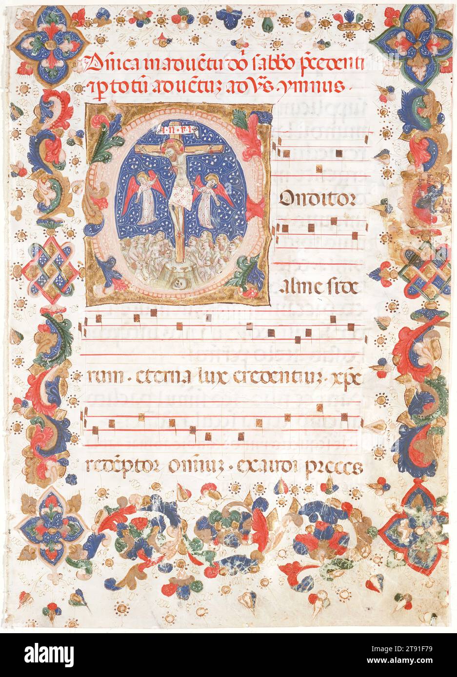 Kreuzigung mit einer Schar von Bittstellern, ca. 1425-1464, zugeschrieben von Bertolino de' Grossi, 13 1/16 x 9 3/8 cm. (33,18 x 23,81 cm) (Blatt), braune und rote Tinte, Gouache und Vergoldung, und Leadpoint-Urteil über Pergament, Italien, 15. Jahrhundert, wie in der Überschrift erwähnt, wurde dieser Hymnus während des Vesperendiensts (gegen 16:30 Uhr) gesungen, der sonntäglichen Adventszeit, der Zeit der geistlichen Vorbereitung während der vier Wochen vor Weihnachten. Die Musik, die den Text begleitet, wird im gregorianischen System geschrieben und dann allgemein für liturgische Chormusik verwendet, wobei kastenartige Notationen verwendet werden Stockfoto