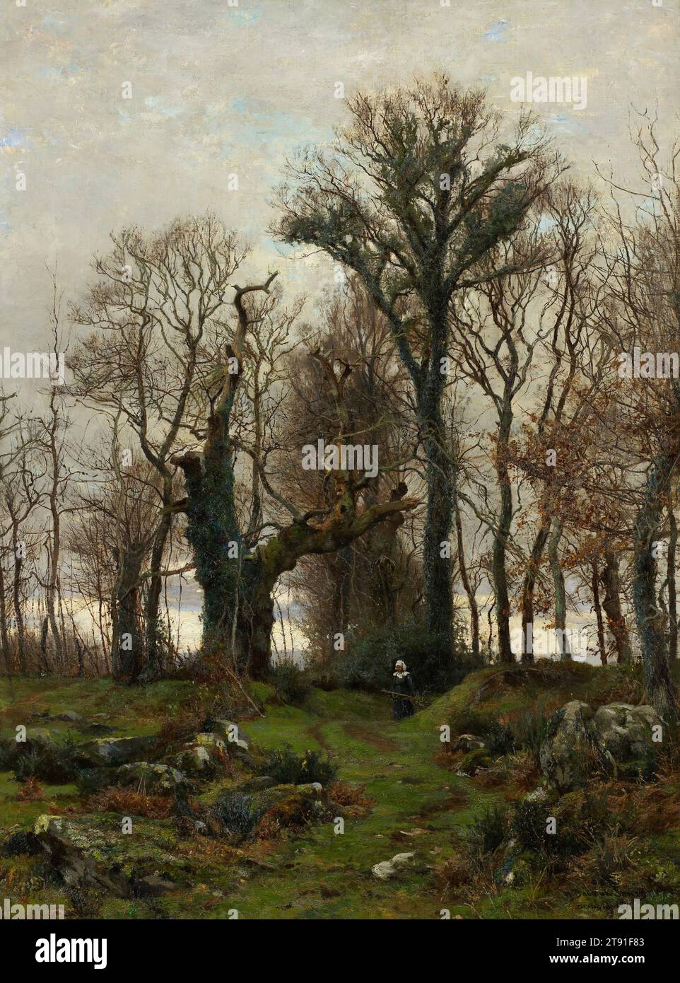 Edge of the Moor, Bretagne, 1877, Hugh Bolton Jones, Amerikaner, 1848 - 1927, 32 x 23 1/4 Zoll (81,28 x 59,06 cm) (Außenrahmen), Öl auf Leinwand, Frankreich, 19. Jahrhundert, trainierte der amerikanische Landschaftskünstler Hugh Bolton Jones zunächst in seiner Heimat Baltimore und dann in New York. Seine früheren Arbeiten zeigen eine tiefe Verschuldung der Hudson River School. Seine ersten Reifen Werke entstanden jedoch während einer Auslandsreise in der blühenden Künstlerkolonie Pont-Aven, Frankreich, zwischen 1876 und 1880. Edge of the Moor, Bretagne, die aus dieser Zeit stammt, spiegelt Jones Begegnung mit dem Barbizon-Stil wider Stockfoto