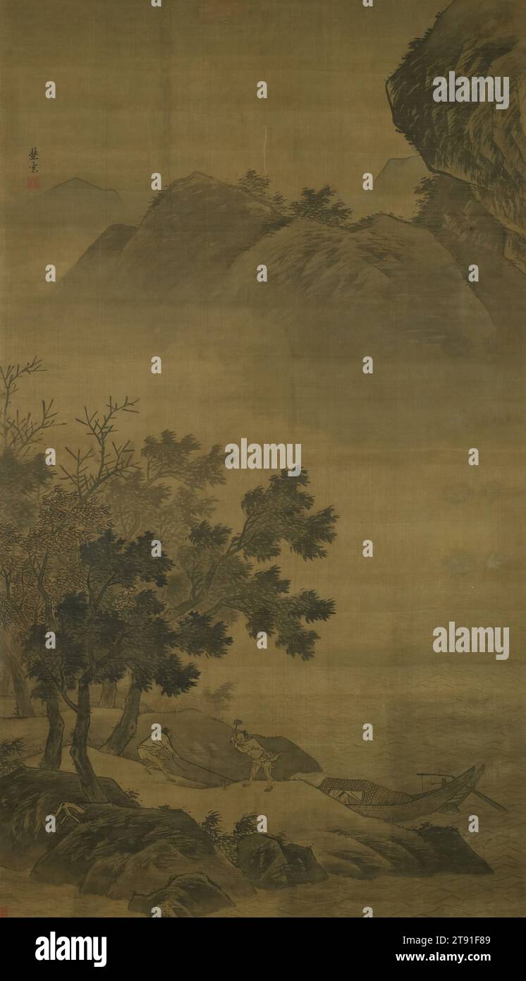 Ein Boot auf dem Fluss anlegen, Ende des 16. Jahrhunderts, Che Ming Yu, Chinesisch, 1550 - 1680? 64 1/2 x 38 1/4 Zoll (163,83 x 97,16 cm) (Bild, ungefähr), Tinte auf Seide, China, 16. Jahrhundert, Che Mingyu, auch bekannt als Yeyun („wilde Wolken“), wurde in Changge, Provinz Henan, geboren. Als autodidaktischer Künstler konnte er Tuschlandschaften und Figuren malen. Sein Stil hat viel mit den Zhe-Schulmalern des 16. Jahrhunderts gemein, wie Jiang Song (Anfang des 16. Jahrhunderts), Zhang Lu (ca. 1490–1563) und Wang Zhao (Anfang des 16. Jahrhunderts). Stockfoto