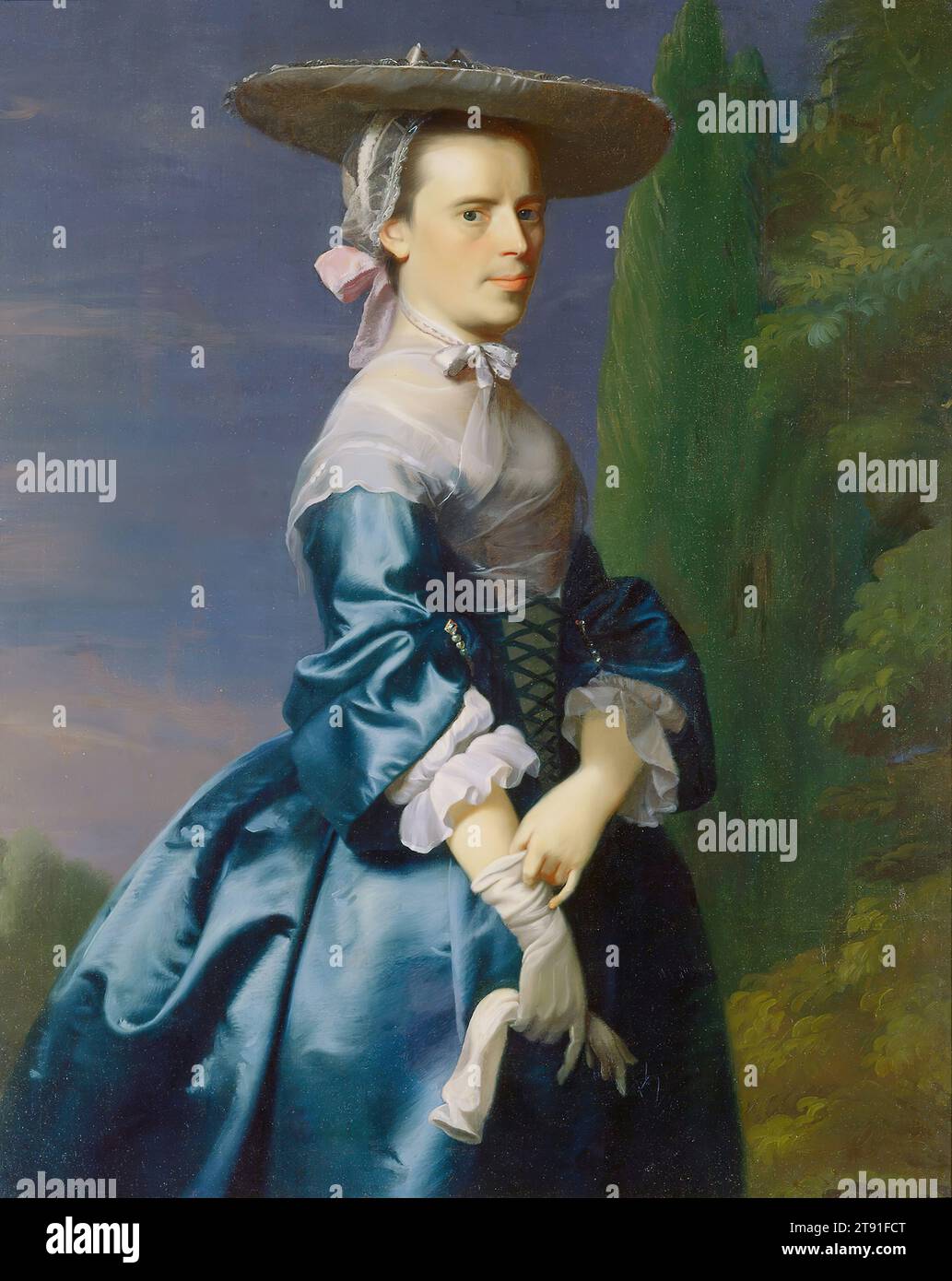 Porträt von Sarah Allen, geborene Sargent, um 1763, John Singleton Copley, Amerikanerin, 1738–1815, 49 1/2 x 40 Zoll (125,73 x 101,6 cm) (Leinwand), Öl auf Leinwand, USA, 18. Jahrhundert, Nathaniel Allen war Mitglied der neuen wohlhabenden Klasse in der Handels- und Schifffahrtsbranche in Boston, und seine Frau Sarah war 34 Jahre alt, als dieses Werk gemalt wurde. Erfolgreiche amerikanische Kolonisten wollten bei der Auftragsvergabe von Porträts in der Art europäischer Aristokraten dargestellt werden. Dazu wurden zeitgenössische englische Porträts von Damen und Herren der Mode kopiert. Stockfoto Porträt von Sarah Allen, geborene Sargent, um 1763, John Singleton Copley, Amerikanerin, 1738–1815, 49 1/2 x 40 Zoll (125,73 x 101,6 cm) (Leinwand), Öl auf Leinwand, USA, 18. Jahrhundert, Nathaniel Allen war Mitglied der neuen wohlhabenden Klasse in der Handels- und Schifffahrtsbranche in Boston, und seine Frau Sarah war 34 Jahre alt, als dieses Werk gemalt wurde. Erfolgreiche amerikanische Kolonisten wollten bei der Auftragsvergabe von Porträts in der Art europäischer Aristokraten dargestellt werden. Dazu wurden zeitgenössische englische Porträts von Damen und Herren der Mode kopiert. Stockfoto