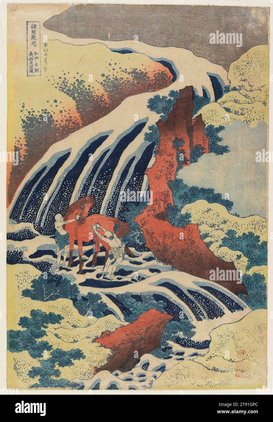 Yoshitsune's Horse-Washing Falls at Yoshino in der Provinz Yamato, ca. 1832, Katsushika Hokusai; Herausgeber: Nishimuraya Yohachi, Japanisch, 1760 - 1849, 15 1/4 x 10 3/8 Zoll (38,7 x 26,3 cm) (Bild, Blatt, vertikal ōban), Holzblock-Druck (nishiki-e); Tinte und Farbe auf Papier, Japan, 19. Jahrhundert Stockfoto