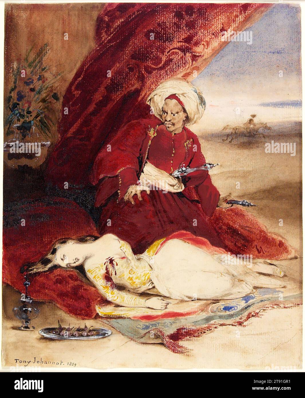 Leila, Hassan and the Giaour, 1829, Tony Johannot, Französisch, 1803 - 1852, 1/4 x 13/16 Zoll (20,96 x 17,3 cm), Aquarell mit Gummi arabisch und erhöht, Frankreich, 19. Jahrhundert Stockfoto