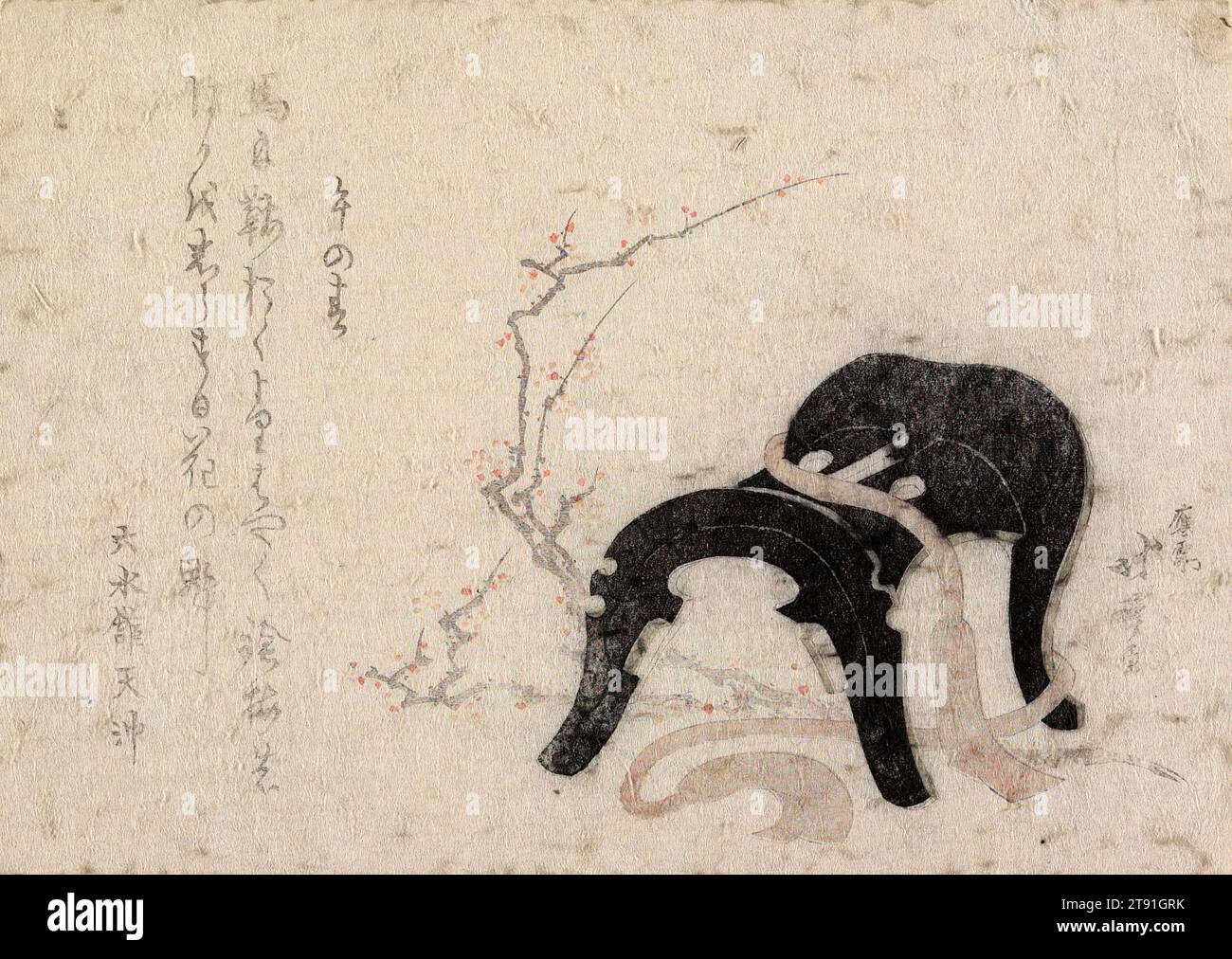 Neujahrstag des Jahres des Pferdes, Anfang des 19. Jahrhunderts, Ein Schüler von Katsushika Hokusai, Japanisch, 1760 - 1849, 5 1/8 x 7 1/4 cm. (13 x 18,4 cm) (Bild, Blatt), Holzblock-Druck (Surimono); Tinte und Farbe auf Papier, Japan, 19. Jahrhundert Stockfoto