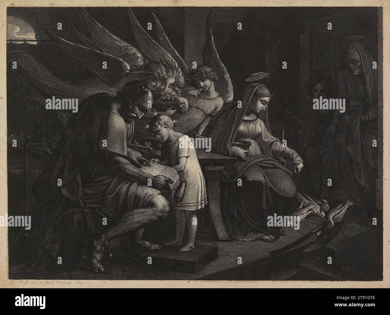 Die Heilige Familie im häuslichen Setting, 1809, Karl Russ, Österreicher, 1779 - 1843, 10 x 3/4 Zoll (25,4 x 34,93 cm) (Platte)10 3/4 x 7/16 Zoll (27,31 x 36,67 cm) (Blatt), Ätzen und Aquatint, Österreich, 19. Jahrhundert Stockfoto