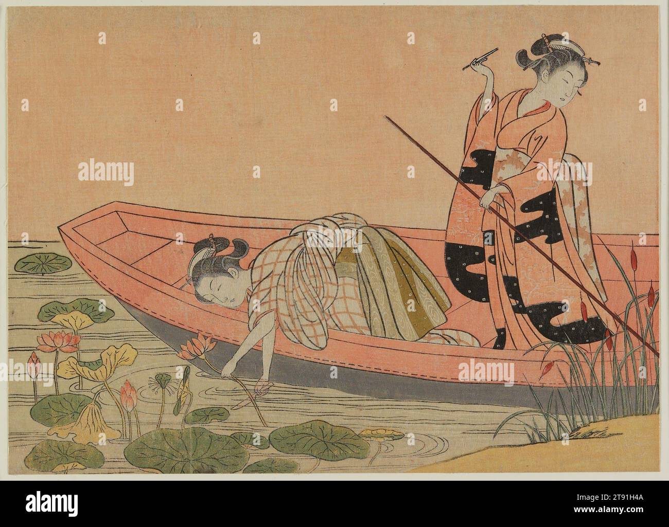 Visuelle Parodie auf Zhou Maoshu (spätere Ausgabe), nach 1765, Suzuki Harunobu, Japanisch, 1725–1770, 3/4 x 13/16 Zoll (19,7 x 27,4 cm) (Bild, Blatt, horizontal chūban), Holzblock-Druck (nishiki-e); Tinte und Farbe auf Papier, Japan, 18. Jahrhundert, ursprünglich ein Kalenderdruck für 1765 mit dem Siegel Kyosen. Dies ist der zweite Zustand, und die Zeichen für das Jahr und die Monate wurden entfernt, ebenso wie das Kyosen-Siegel Stockfoto