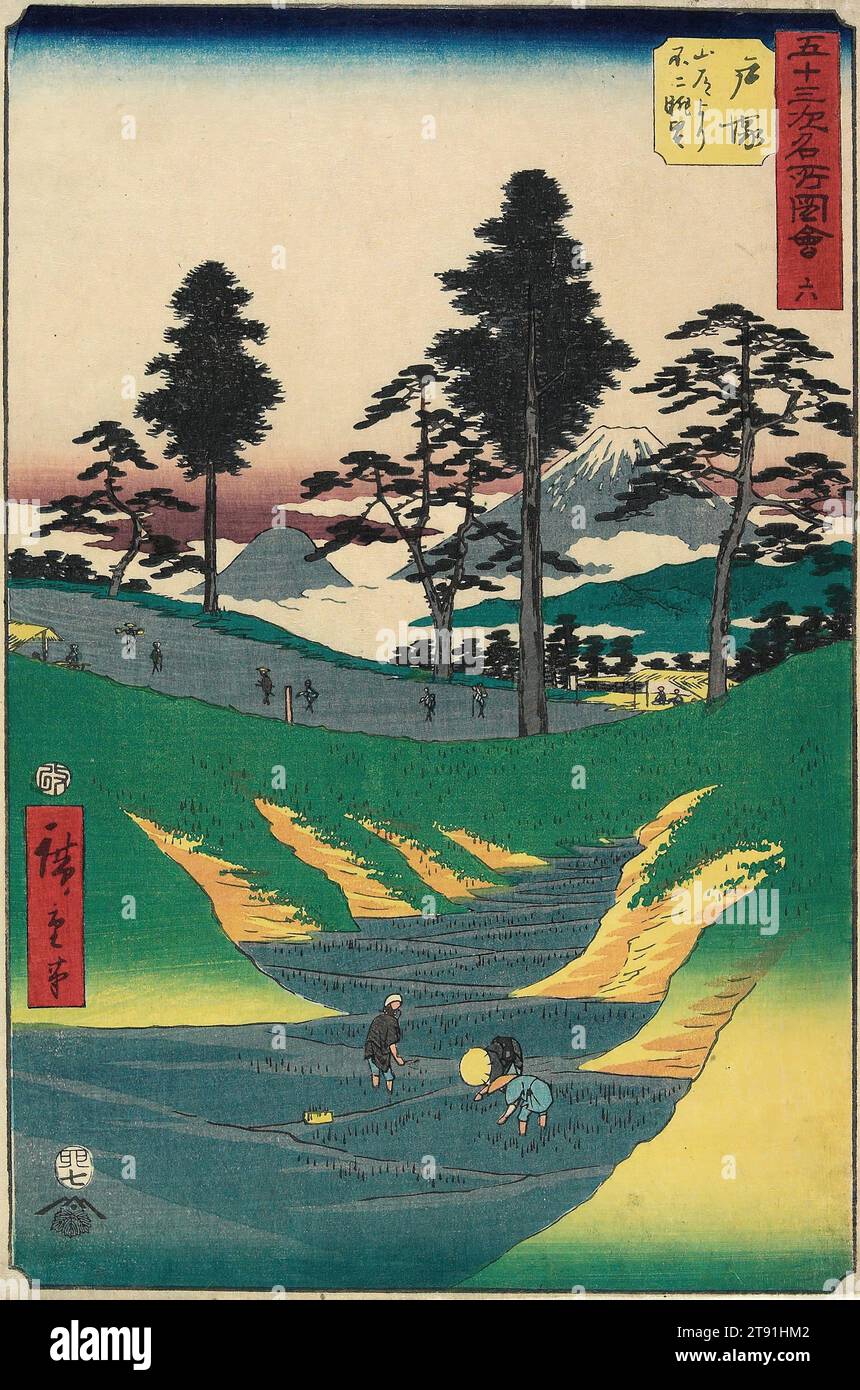 6, Mt. Fuji von einer Klippe gesehen, Totsuka, 1855, 7. Monat, Utagawa Hiroshige; Herausgeber: Tsutaya Kichizō, Japanisch, 1797 - 1858, 13 1/2 x 8 7/8 Zoll (34,3 x 22,6 cm) (Bild)13 3/4 x 9 7/16 Zoll (35 x 23,9 cm) (Blatt)17 15/16 x 14 Zoll (45,5 x 35,5 cm) (matt), Holzblock-Druck (nishiki-e); Tinte und Farbe auf Papier, Japan, 19. Jahrhundert Stockfoto