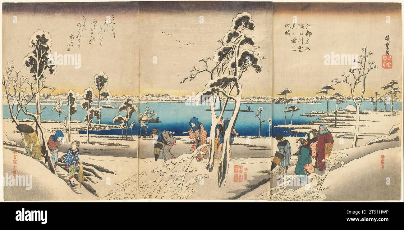 Triptychon von Snow Viewing by the Sumida River, Famous Place of Edo', um 1834, Utagawa Hiroshige; Verlag: Sanoya Kihei, Japanisch, 1797 - 1858, 29 15/16 x 39 3/4 Zoll (76 x 101 cm) (Matte, vertikales ōban-Triptychon), Holzblock-Druck (nishiki-e); Tinte und Farbe auf Papier, Japan, 19. Jahrhundert Stockfoto