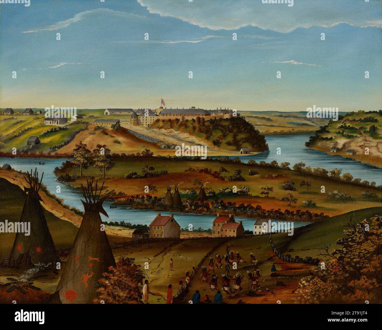 Blick auf Fort Snelling, ca. 1850, Edward K. Thomas, amerikanisch, 1817 - 1906, 27 x 34 Zoll (68,58 x 86,36 cm) (Leinwand)33 5/8 x 40 5/8 x 4 1/8 Zoll (85,41 x 103,19 x 10,48 cm) (Außenrahmen), Öl auf Leinwand, USA, 19. Jahrhundert, obwohl der Oberlauf des Mississippi River in den 1850er Jahren spärlich besiedelt war, suchte eine überraschende Anzahl von Künstlern die nördlichen Landschaften aus. Edward Thomas's View of Fort Snelling veranschaulicht Grenzbilder, in denen Dakota Tipis, Häuser der Familien, die mit der American Fur Company verbunden sind, und das Militärfort nebeneinander existieren. Stockfoto