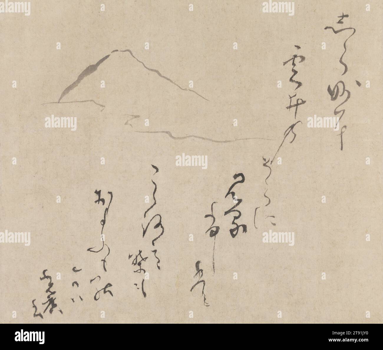 Mt. Fuji, Ende 16. Bis Mitte 17. Jahrhundert, Karasumaru Mitsuhiro, Japanisch, 1579 - 1638, 14 x 9/16 Zoll (35,56 x 42,07 cm) (Bild)46 3/16 x 9/16 Zoll (117,32 x 44,61 cm) (Halterung, ohne Rolle), Tinte auf Papier, Japan, 16.-17. Jahrhundert Stockfoto