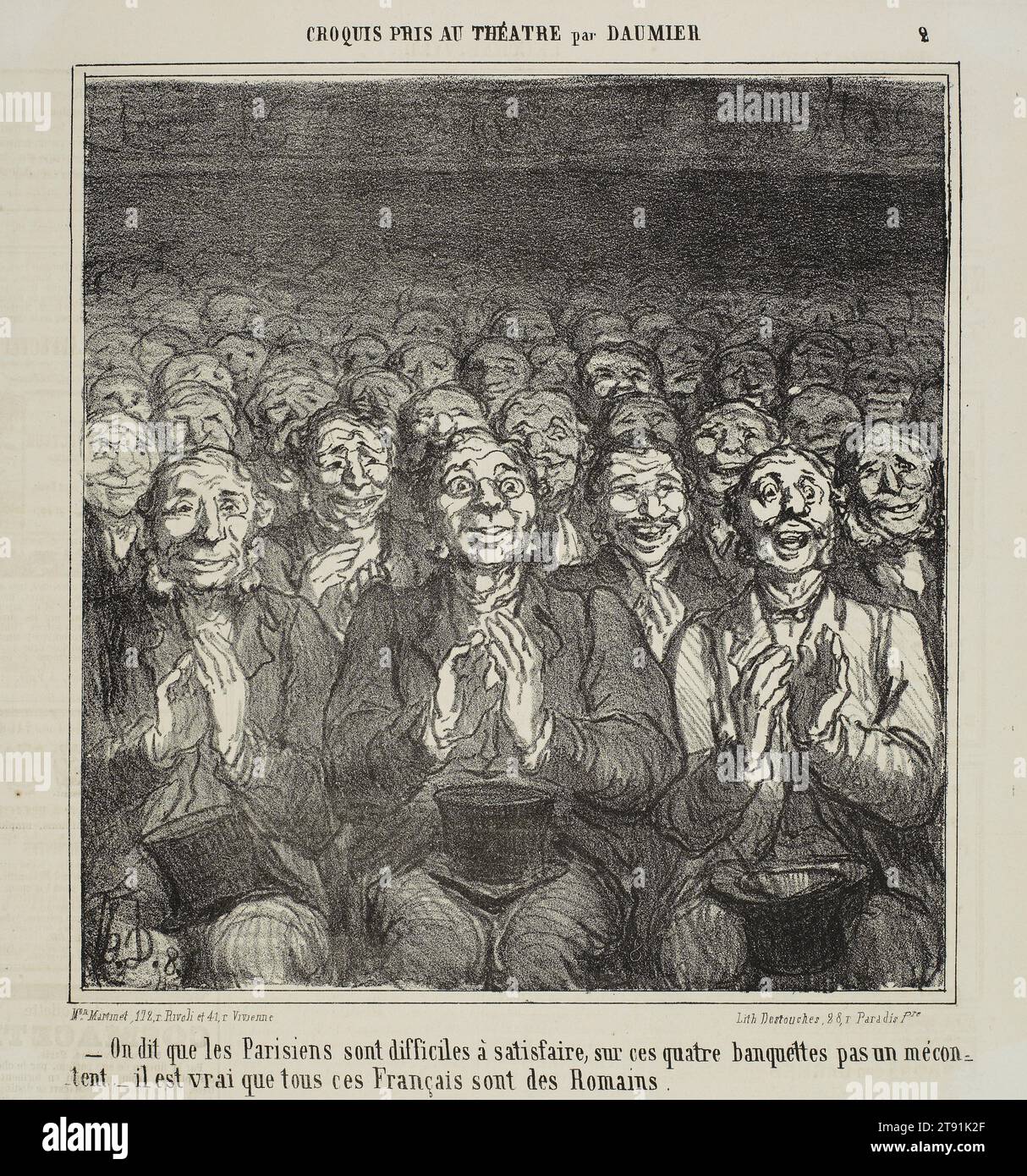 Man sagt, dass es schwierig ist, Pariser zu befriedigen, auf diesen vier Bänken gibt es nicht einen Unmut. Es ist wahr, dass all diese Franzosen Römer sind, 1864, Honoré Daumier, Franzosen, 1808-1879, 11/16 x 15/16 Zoll (29,69 x 27,78 cm) (Blatt), Lithographie, Frankreich, 19. Jahrhundert, Theateraufführungen waren beliebte Unterhaltungsangebote in Paris Mitte des 19. Jahrhunderts. In dieser Lithografie konzentriert sich Daumier auf das Publikum, insbesondere die Mitglieder der „Claque“, einer Gruppe, die direkt hinter dem Orchester sitzt, um der Aufführung zu applaudieren. Fast jedes Pariser Theater dieser Zeit hatte eine Claque Stockfoto