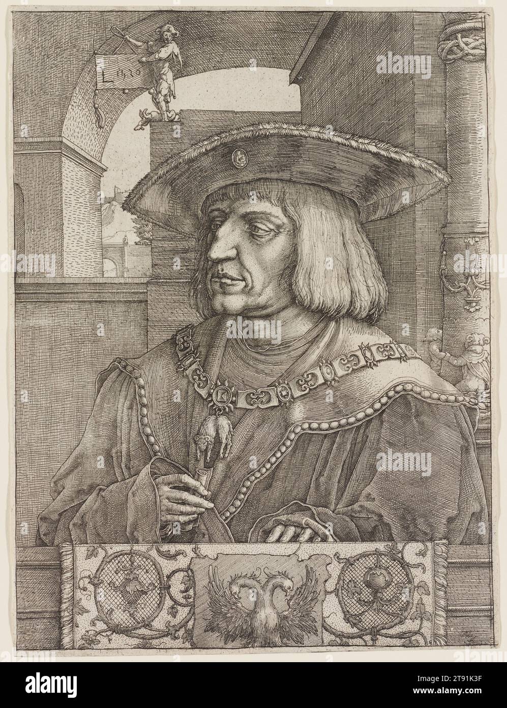 Kaiser Maximilian I, 1520, Lucas Huygensz van Leyden, Niederländisch, um 1490 - 1533, 10 1/4 x 7 5/8 Zoll (26,04 x 19,37 cm) (Bild, in Plattenark geschnitten), Gravur und Ätzen, Niederlande, 16. Jahrhundert, Lucas van Leyden schuf dieses Porträt zum Gedenken an Kaiser Maximilians Tod im Jahr 1519. Um diesen Druck im ganzen Heiligen Römischen Reich auf den Markt zu bringen, während die Nachricht vom Tod des Kaisers noch frisch war, benutzte der Künstler die zweckmäßigere Methode des Ätzens für den Hintergrund, das Kostüm, und Hände, aber die raffiniertere Technik der Gravur vorbehalten, um ein genaues Bild von Maximilians Gesicht zu machen Stockfoto