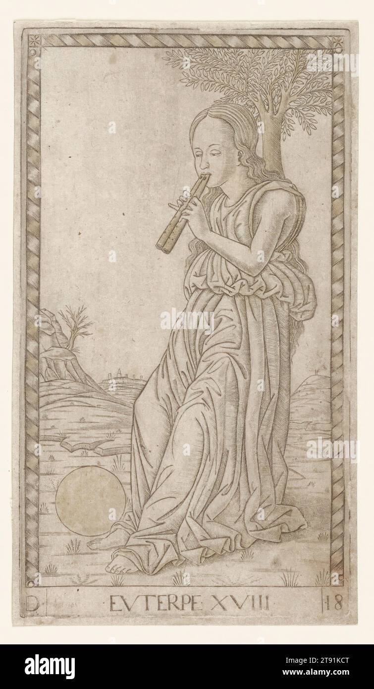 Euterpe, ca. 1465, Meister der E-Serie Tarocchi, 15. Jahrhundert, Italienisch, 1/16 x 15/16 Zoll (17,94 x 10 cm) (Platte), Gravur mit Gold erhöht, Italien, 15. Jahrhundert, einige der ersten italienischen Drucke, die jemals hergestellt wurden, die Tarocchi ähneln Tarotkarten im Design, waren aber eigentlich zu groß, um sie als Kartenspiel zu halten. Die so genannten E-Serien-Stiche mit ihren hübschen allegorischen Figuren sind bekannt für ihre präzisen Umrisse und ihre raffinierte Modellierungstechnik. Gerechtigkeit gehört zu Genii und Tugenden. Das Schwert steht für die Macht der Gerechtigkeit, die Waage, ihre Unparteilichkeit. Stockfoto