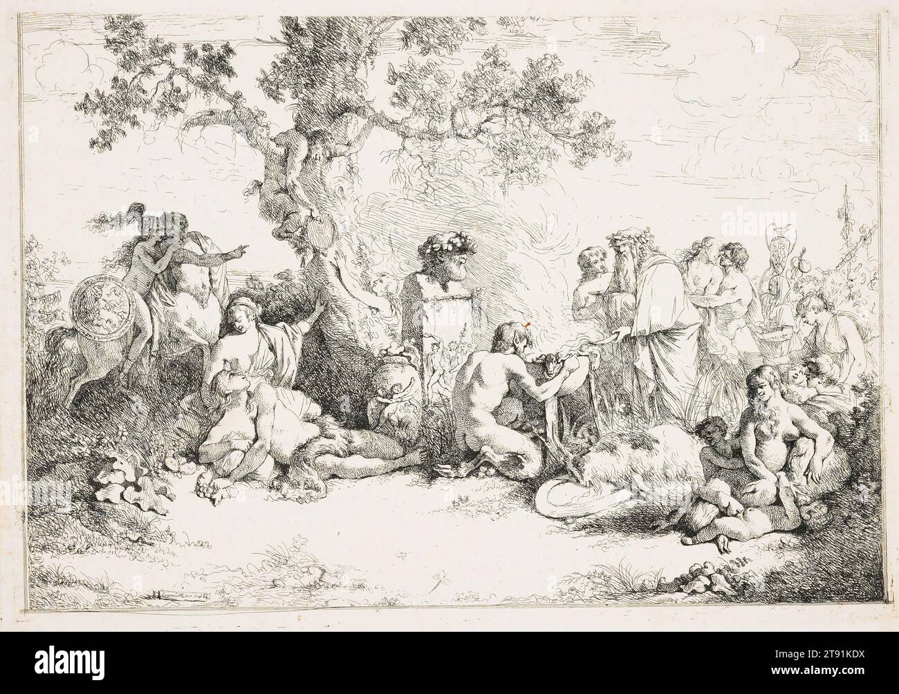 Opfergabe an Pan, ca. 1760-1763, Jean-Jacques Lagrenée, Französisch, 1739-1821, 7/8 x 3/4 Zoll (22,54 x 32,39 cm) (Platte)9 5/16 x 13 1/8 Zoll (23,65 x 33,34 cm) (Blatt), Etching, Frankreich, 18. Jahrhundert, die Gläubigen sind gekommen, um Pan, dem Gott von Arcadia, zu huldigen - die Wälder, Felder und andere wilde Orte. Zentauren, Satyren und Menschen kommen zusammen, um die Lebenskraft zu feiern, die Pan repräsentiert. Hier operiert der langjährige Jean-Jacques Lagrenée in einem unbeschwerten Modus der Rokoko-Kunst. Stockfoto
