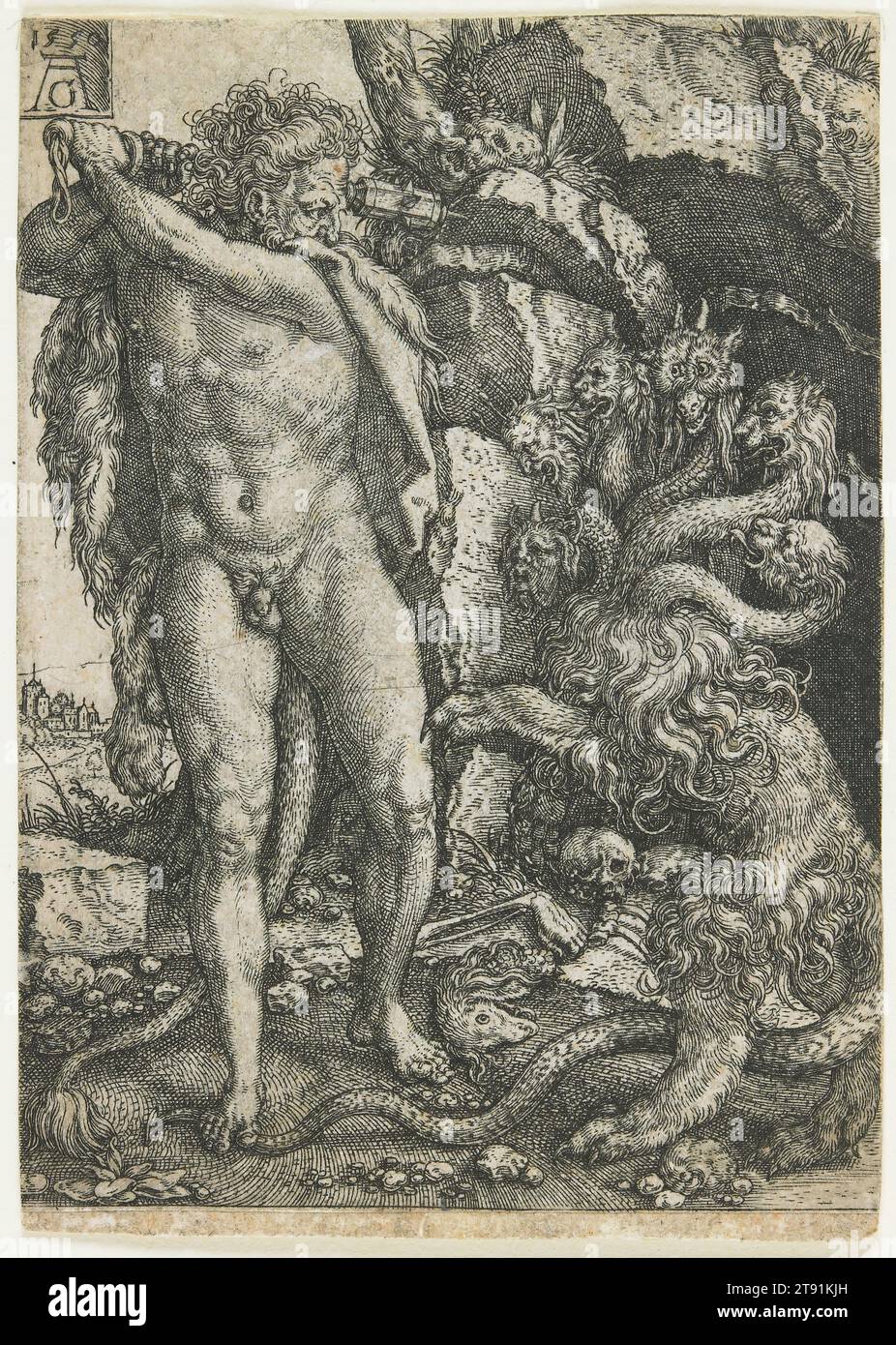Herkules zerstört die Lernäische Hydra, 1550, Heinrich Alentfver, 1502–nach 1555/61, 5/8 x 5/8 Zoll (9,21 x 6,67 cm) (Bild), Gravur, Deutschland, 16. Jahrhundert, die Taten des Herkules waren in der Renaissance unendlich populär als Modelle von Stärke und Tugend. Heinrich Alentfver stellt den Helden dar, der in zwei besonders verzweifelten Arbeiten verwickelt war. In einem musste er die bedrohliche neunköpfige Hydra zerschlagen. Schwer zu tun, weil jedes Mal, wenn ein Kopf abgeschnitten wurde, zwei an seiner Stelle erschienen. Die andere Aufgabe war es, nach Hades hinabzusteigen und Cerberus, das abscheuliche Tier, das den Eingang bewacht, zurückzubringen Stockfoto