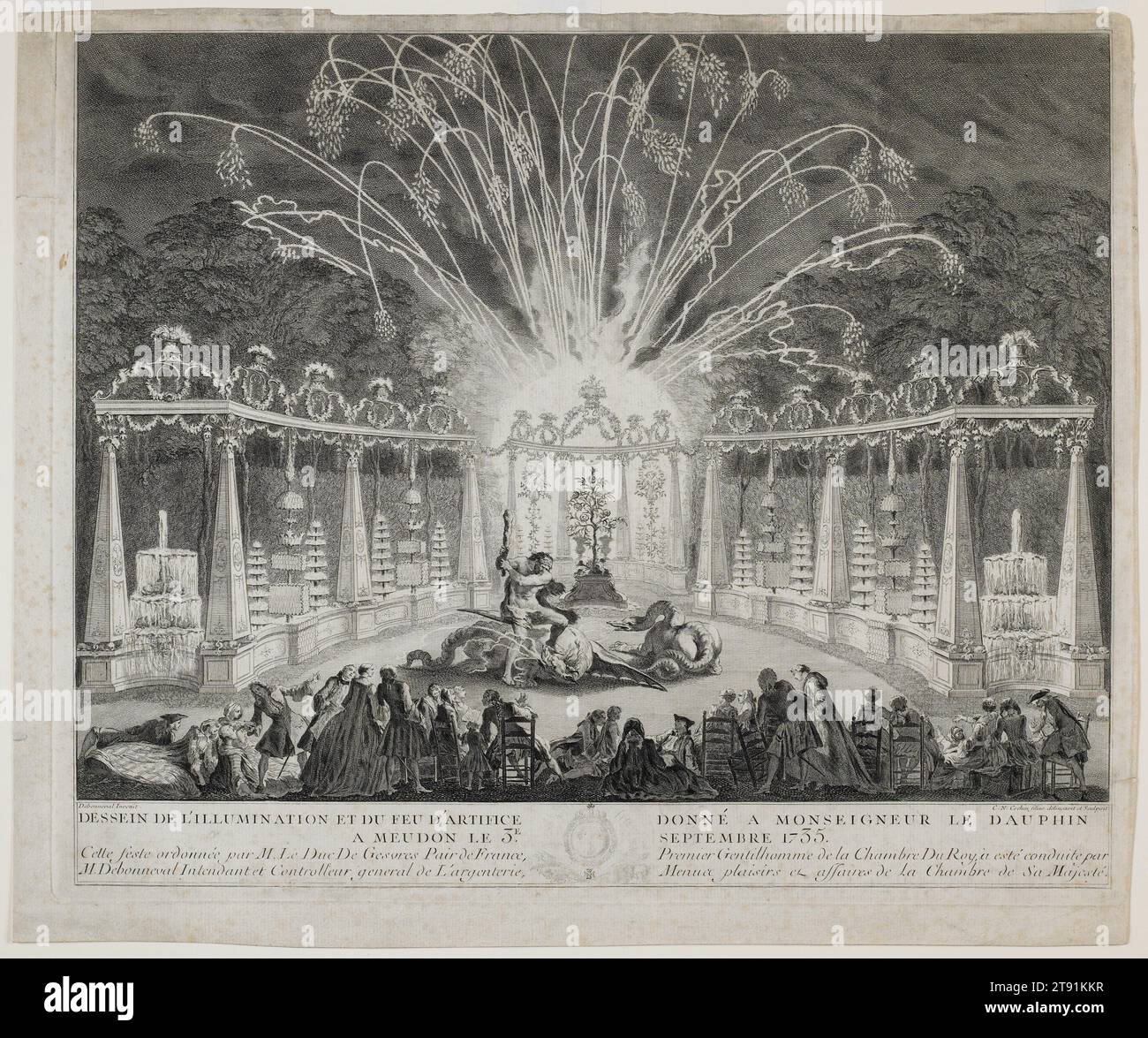 Feuerwerk, das dem Dauphin zu seinem sechsten Geburtstag am 3. September 1735 in den Gärten von Meudon, 1736, Charles-Nicolas Cochin II., Französisch, 1715-1790. 7/8 x 7/16 Zoll (40,32 x 49,37 cm) (Platte)16 3/4 x 2n0 1/4 Zoll (42,55 x 51,44 cm) (Blatt), Ätzen und Gravieren, Frankreich, 18. Jahrhundert, zum sechsten Geburtstag des jungen Prinzen Louis XV., des Erben von König Ludwig XV., fand im königlichen Schloss Meudon, fünf Meilen von Paris entfernt, eine extravagante Party statt. Die königlichen Gärten wurden in den mythischen Garten der Hesperiden verwandelt, und vor der kleinen Gruppe (meist Erwachsene) Stockfoto