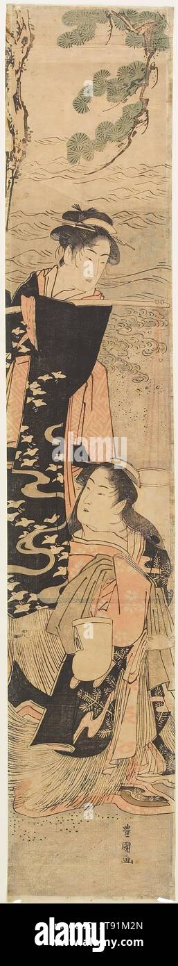 (Szene aus einem Stück basierend auf der Geschichte von Matsukaze und Murasame Schwester), 1790er Jahre, Utagawa Toyokuni, Japanisch, 1769 - 1825, 15/16 x 13/16 Zoll (65,9 x 12,2 cm) (Bild, Blatt, Hashira-e), Holzblock-Druck (nishiki-e); Tinte und Farbe auf Papier, Japan, 18.-19. Jahrhundert Stockfoto