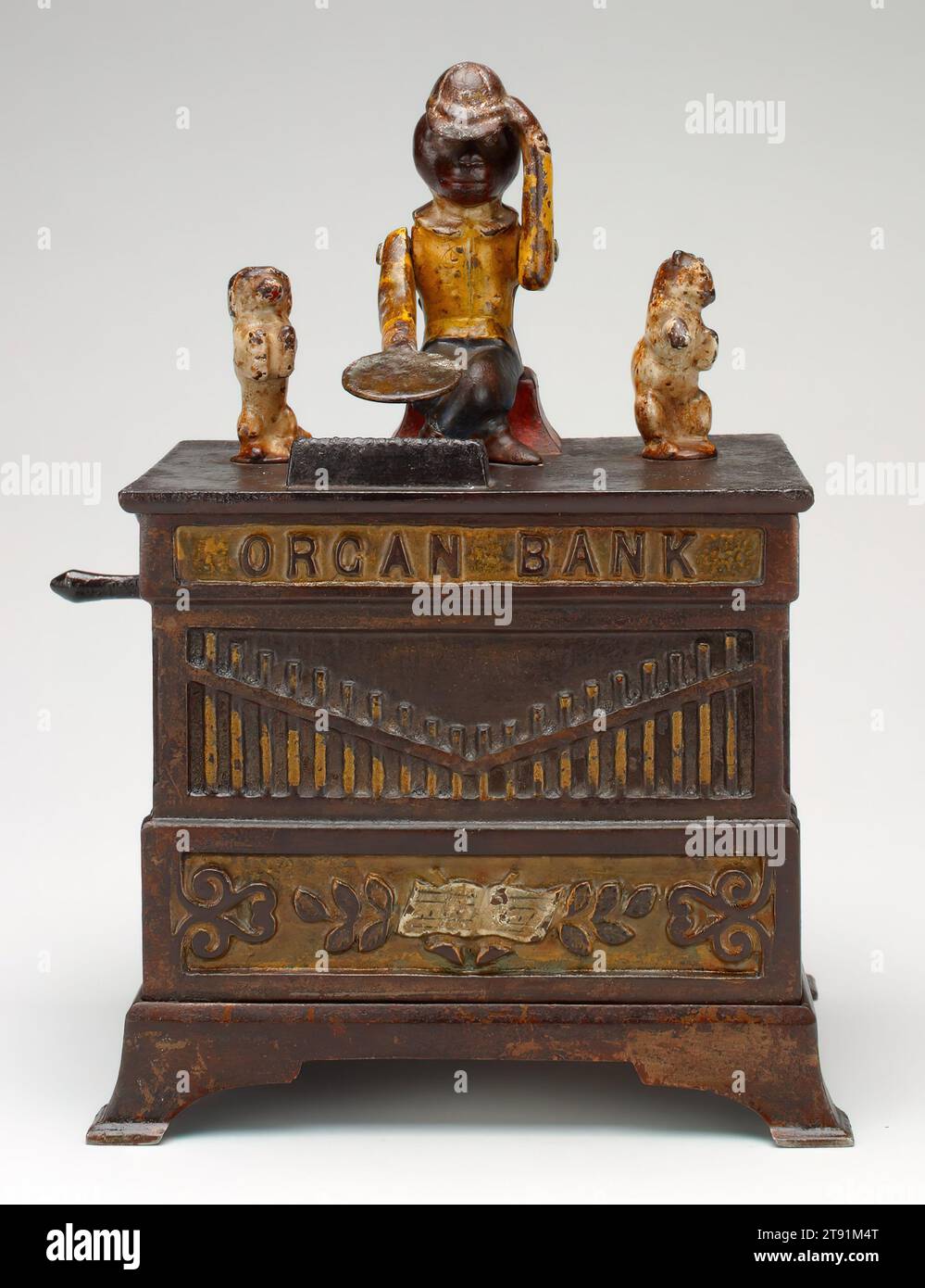 Orgelbank, Cat and Dog' Mechanical Bank, ca. 1882, Kyser & Rex Company, Philadelphia, ca. 1879–1898, 7 1/4 x 5 3/8 x 4 Zoll (18,42 x 13,65 x 10,16 cm), Eisen, Pigment, 19. Jahrhundert Stockfoto