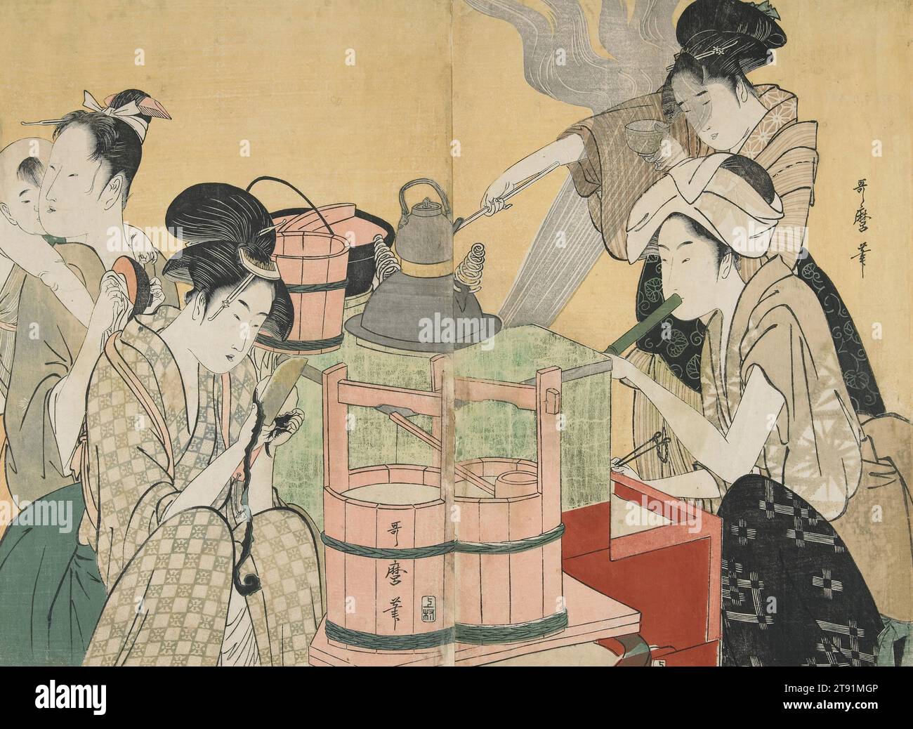 Kitchen Scene, 1794-1795, Kitagawa Utamaro; Verlag: Uemura Yohei, Japanisch 1753 - 1806, 14 5/16 x 19 5/8 Zoll (36,3 x 49,9 cm) (Bild, Blatt, vertikales ōban Diptychon)22 7/8 x 28 7/8 x 1 1/2 Zoll (58,1 x 73,34 x 3,81 cm) (äußerer Rahmen), Holzblock-Druck (nishiki-e); Tinte und Farbe auf Papier, Japan, 18. Jahrhundert. Utamaro stellte nicht nur die große Schönheit und Perfektion der größten Kurtisanen der „schwimmenden Welt“ vor, sondern machte auch Frauen verschiedener Klassen, manchmal mit banalen Aufgaben beschäftigt. In diesem Druck zeigt er Frauen, die einen Herd heizen, Kartoffeln schälen und Geschirr waschen Stockfoto