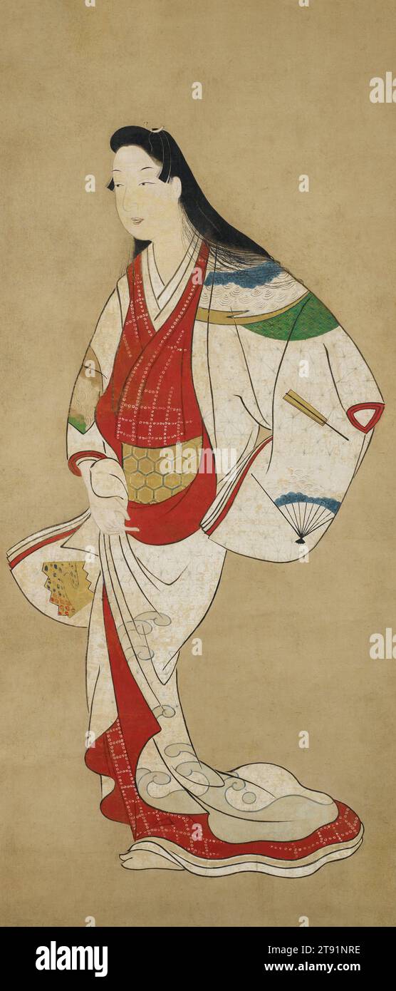 Porträt von Ono no no Tsu , ca. 1660-1670, Unbekanntes Japanisch, 45 7/8 x 7/8 Zoll (116,5 x 53 cm) (Bild)92 1/2 x 25 3/16 Zoll (235 x 64 cm) (Halterung) 70 cm B (mit Rollen), Tinte, Farbe, Gofun und Blattgold auf Papier, Japan, Nikuhitsu ukiyo-e Stockfoto