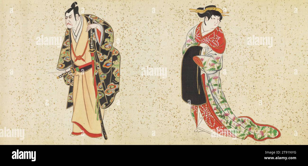 Sieben große Osaka-Schauspieler in Lieblingsrollen, um 1790, Jokei, Japaner, starb 1810. 7 3/16 x 49 7/16 Zoll (18,3 x 125,5 cm) (Bild)7 3/16 x 70 1/16 Zoll (18,3 x 178 cm) (Mount) 20 cm H mit Walze, Tinte, Farbe, Gold und Gofun auf Seide, Japan, Nikuhitsu ukiyo-e, Osaka war eine wachsende Stadt in der Edo-Zeit und ein blühendes Zentrum der kommerziellen Aktivität. Mit seinen wohlhabenden Händlern entwickelte Osaka seine eigene, einzigartige urbane Kultur. Obwohl es lizenzierte Vergnügungsviertel hatte, war es besser bekannt für seine Marionettenspiele und das Kabuki-Theater. Stockfoto
