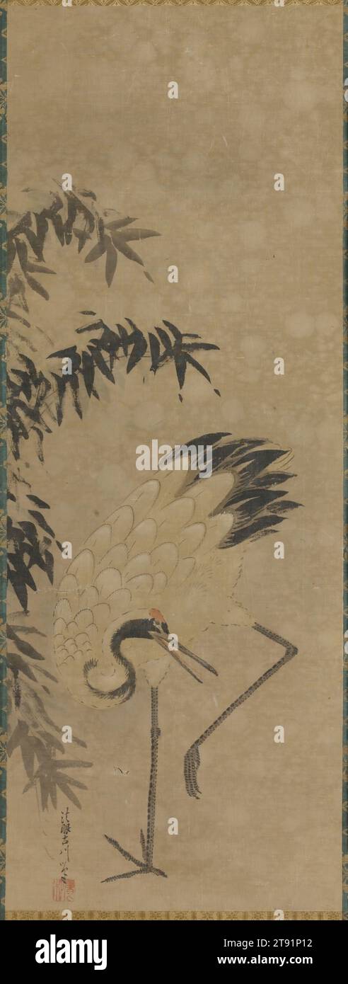 Kran und Bambus, aus einem Triptychon von Jurōjin und Kranen, 18. Bis 19. Jahrhundert, falsche Signatur und Siegel von Kano Tsunenobu, Japanisch, 1636 - 1713, 65 x 1/4 Zoll. (165,1 x 36,2 cm) (Montage)36 x 12 Zoll (91,44 x 30,48 cm) (Bild), Tinte auf Seide, Japan, 18.-19. Jahrhundert Stockfoto