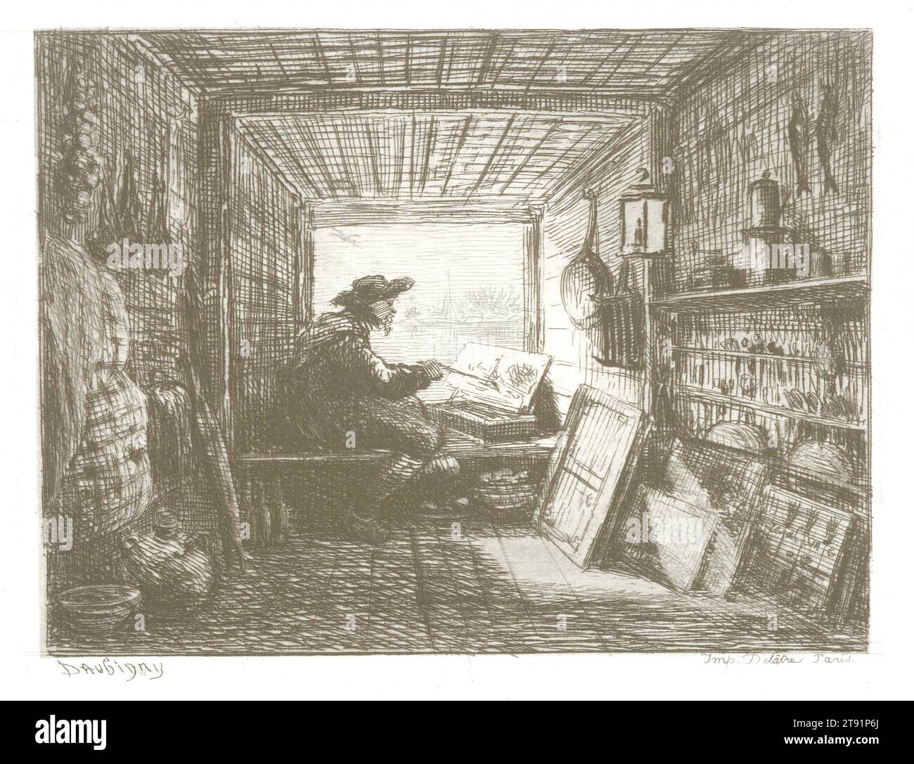 The Studio Boat, 1862, Charles-Francois Daubigny, Französisch, 1817–1878, 1/8 x 1/16 Zoll (13,02 x 17,94 cm) (Platte)12 5/16 x 17 5/8 Zoll (31,27 x 44,77 cm) (Blatt), Ätzen, Frankreich, 19. Jahrhundert Stockfoto