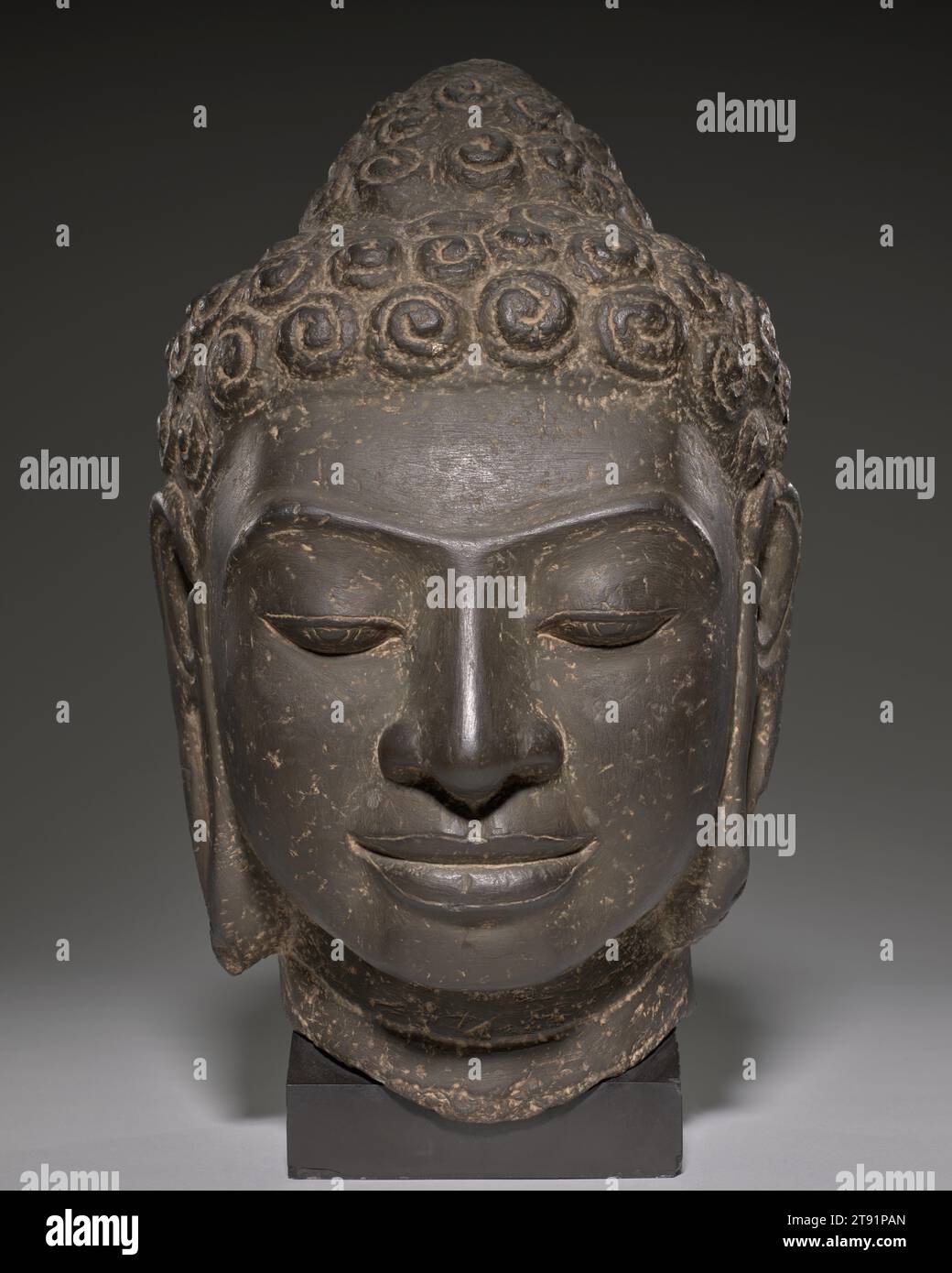 Buddha Head, 8. Jahrhundert, 1/2 x 8 Zoll (26,67 x 20,32 cm), Kalkstein, Kambodscha oder Thailand, Mon-Dvaravati Style, dieser Buddha demonstriert eine kritische Innovation der südostasiatischen Skulptur: Die frühe Übersetzung etablierter indischer Prototypen in deutlich lokale Ausdrücke. Der Bildhauer fängt die ruhige Glückseligkeit des Erleuchteten vollständig ein, während er subtil die Gesichtszüge der indigenen Bevölkerung einbezieht. In ähnlicher Weise übertrieben Künstler der Mon-Dvaravati-Zeit die Schneckenschalenlocken Buddhas, ein Attribut, das in indischen ästhetischen Abhandlungen kodifiziert ist Stockfoto