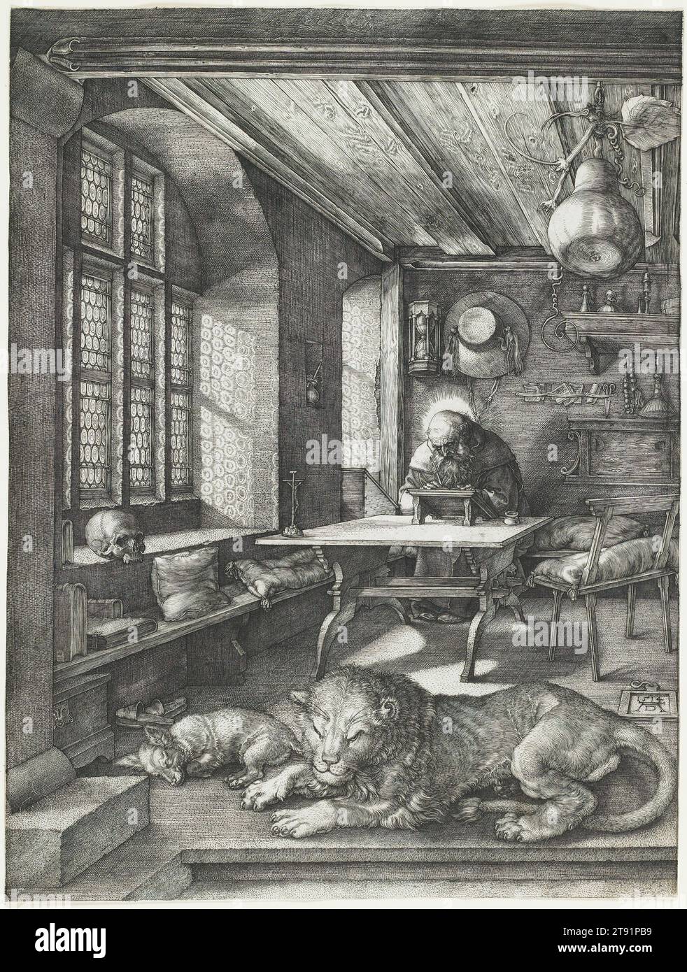 St. Jerome in seiner Studie, 1514, Albrecht Dürer, Deutsch, 1471–1528, 5/8 x 1/4 Zoll (24,6 x 18,5 cm) (Bild), Gravur, Deutschland, 16. Jahrhundert, dieser Gravur gilt seit jeher als eines der Meisterwerke Albrecht Dürers. Der gelehrte Heilige Jerome (ca. 347–420 n. Chr.) übersetzt die Bibel fleißig, während er in seinem gemütlichen Studium sitzt. Er wird von einem Löwen begleitet, der zu seinem treuen Gefährten wurde, als Jerome einen Dorn aus der Pfote nahm. Neben seiner Tierliebe war Jerome bescheiden und doch ungeheuer gelernt und in der Lage, die Bibel aus dem Griechischen und Hebräischen ins Lateinische zu übersetzen Stockfoto