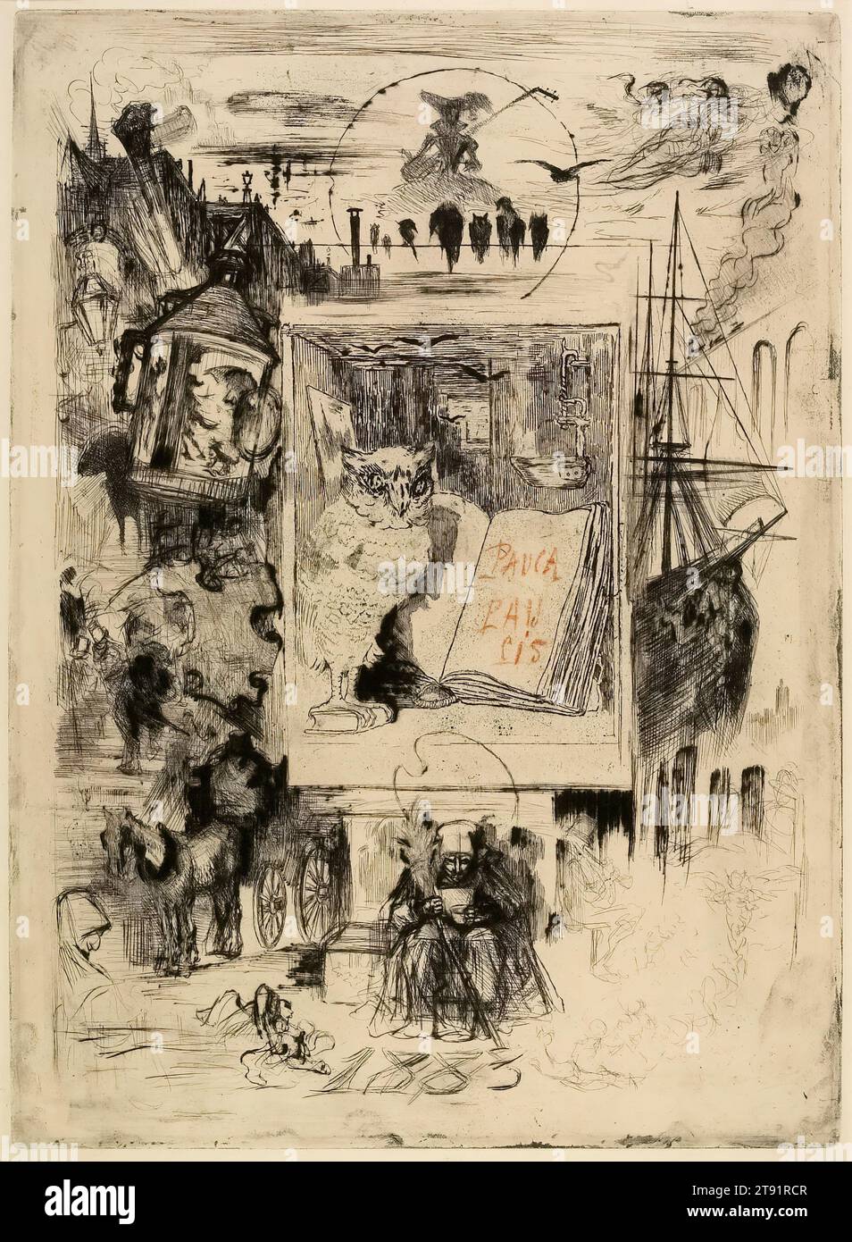 The Owl, 1883, Félix Buhot, Französisch, 1847-1898, 9/16 x 7/8 Zoll (44,61 x 32,7 cm) (Platte)19 7/16 x 14 1/4 Zoll (49,37 x 36,2 cm) (Blatt), Ätzen und Trockenspitzen auf Elfenbeinpapier mit Inschriften in rotem Buntstift, Frankreich, 19. Jahrhundert, die nächtliche Welt der Dunkelheit und Träume hielt Félix Buhot fest. Sein persönliches Emblem war eine Eule, die auf Spanisch – búho – nach seinem Namen klingt. Hier nimmt der Schatten der Eule die Form von Buhots Silhouette an. Vignetten umgeben das zentrale Bild: Pariser Straßenszenen, ein Schiff, eine Künstlerpalette, ein Zug auf einem Viadukt und so weiter. Stockfoto