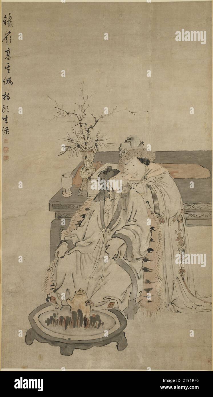 Schönheit im Winter, 17.-18. Jahrhundert, Gao Qipei, Chinesisch, 1660 - 1734, 61 7/8 x 35 7/16 Zoll (157,2 x 90 cm) (Bild)97 1/16 x 36 1/2 Zoll (246,5 x 92,7 cm) (insgesamt, ohne Rolle)99 1/8 x 40 1/2 Zoll (251,8 x 102,9 cm) (Einfassung, mit Walze), Tinte und Farbe auf Papier, China, 17.-18. Jahrhundert, dieses Bild ist ein seltenes Beispiel, in dem ein Mann und eine Frau fast gleich sind; anstatt ihrem Ehemann zu dienen, scheint die Frau ein gleiches Maß an Raum und Aufmerksamkeit zu besitzen. Dieses Konzept, das ju an Qi mei genannt wird, kann als respektvolle Zuneigung und Harmonie verstanden werden Stockfoto