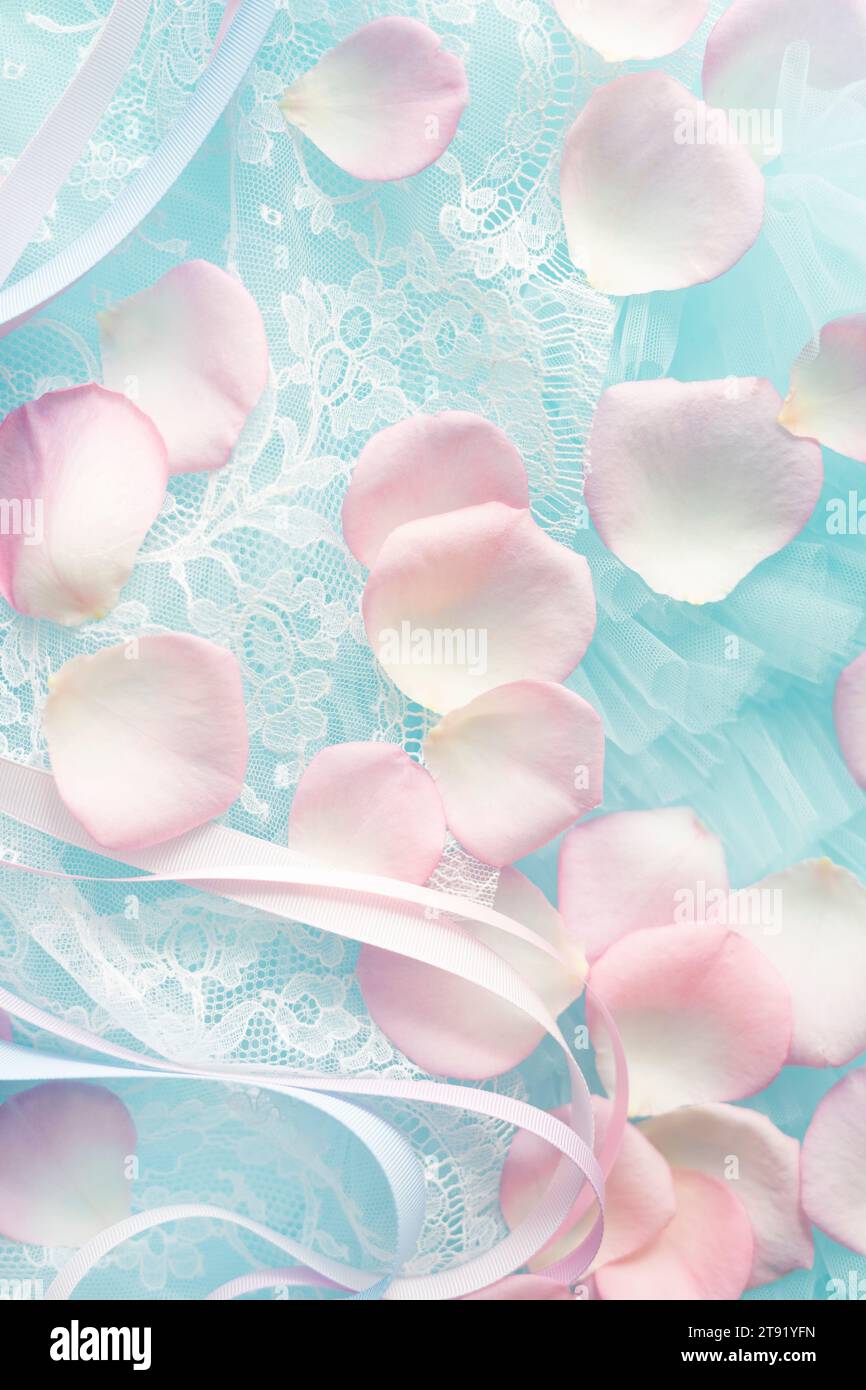 Rosafarbene Rosenblätter und Bänder auf Spitze verstreut Stockfoto