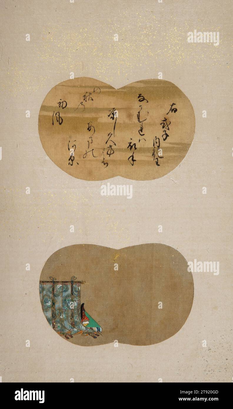 Sechsunddreißig unsterbliche Dichterinnen, 17. Jahrhundert, Unbekanntes Japanisch, 9 9/16 x 6 1/4 x 1 1/4 Zoll (24,29 x 15,88 x 3,18 cm), Tinte, Farbe und Gold auf Seide, Japan, 17. Jahrhundert, als der Höfling Fujiwara Kintō (996–1075) 36 Schriftsteller aus Japans Vergangenheit als „Unsterbliche Dichter“ auszeichnete, waren nur wenige Frauen in der Gruppe eingeschlossen. In späteren Kompilationen waren jedoch manchmal nur Frauen vertreten, wie dies bei diesem exquisiten Album der Fall ist. Ein unbekannter Künstler machte imaginäre Porträts der Frauen und ihrer Gedichte in kleinen Fanformen. Die Frauen sind in überraschenden Details gemalt Stockfoto