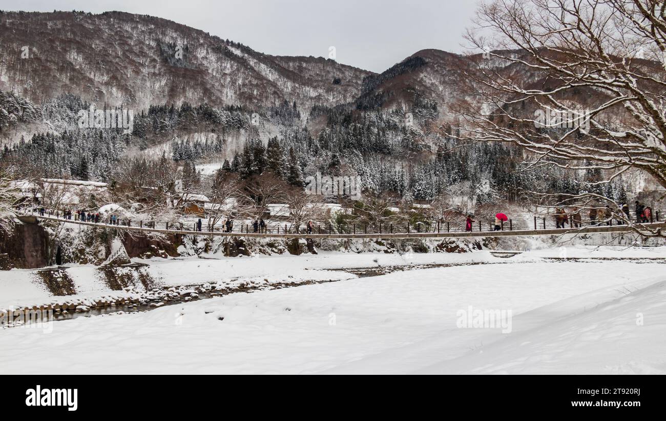 Die historischen Dörfer Shirakawa-gō, Japan, die zum UNESCO-Weltkulturerbe gehören, mit großen Häusern, die mit steil geneigten Strohdächern bedeckt sind. Stockfoto