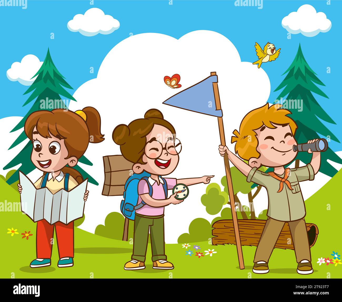 Vektor-Illustration von Kids Camping und Trekking Stock Vektor