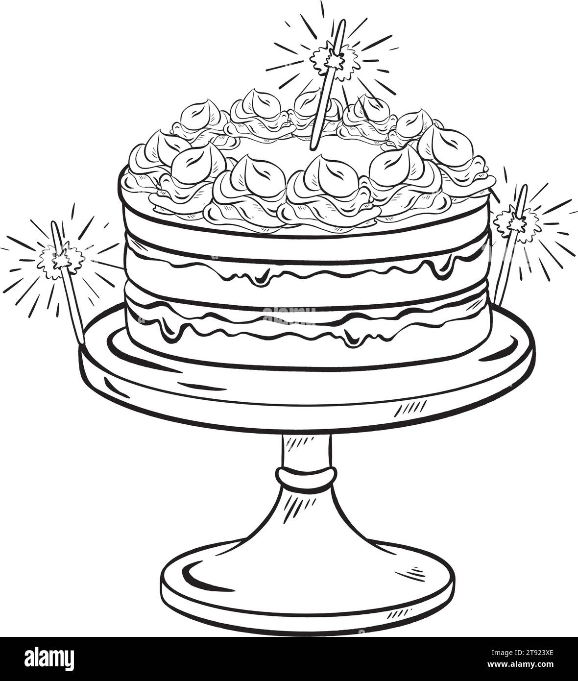 Handgezeichneter Tintenvektor. Köstlicher Kuchen, geschmückt mit Meringue-Creme, auf einem speziellen Stand. Mit Glitzern dekoriert. Perfekt für festliche Vibes Stock Vektor