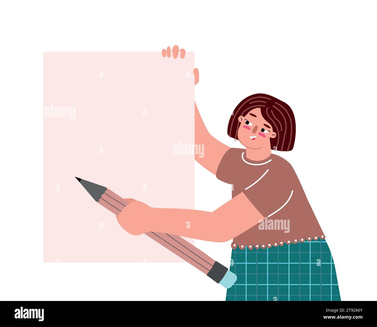 Vorlage für Vektorabbildungen mit weiblichem Zeichen und Kopierraum. Flache Cartoon-Frau hält leeres Papier, Bleistift. Poster zum Hinzufügen von Schulungskursen Stock Vektor