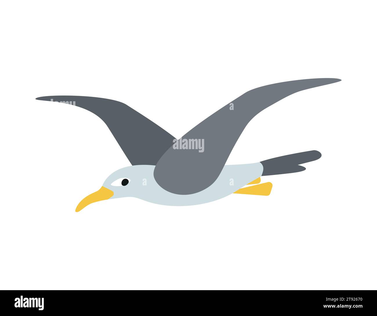 Vektor isolierte Illustration mit flachem fliegenden Seevögel. Die Möwe hat einen weißen Körper, graue Flügel und einen gelben Schnabel. Eine Meeresmöwe ist in der Luft gleiten. Ausschneiden Stock Vektor
