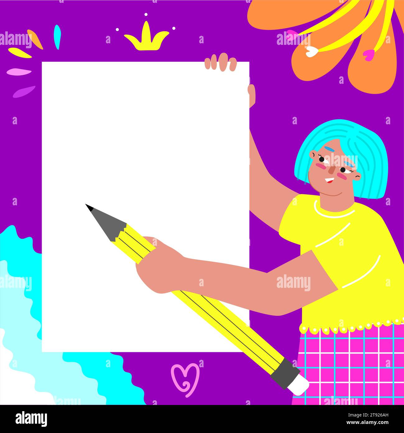 Vektor-farbige illustrierte Vorlage mit weiblichem Charakter und Kopierraum. Flache Cartoon-Frau hält leeres Papier und Stift. Poster zum Hinzufügen von Informationen Stock Vektor