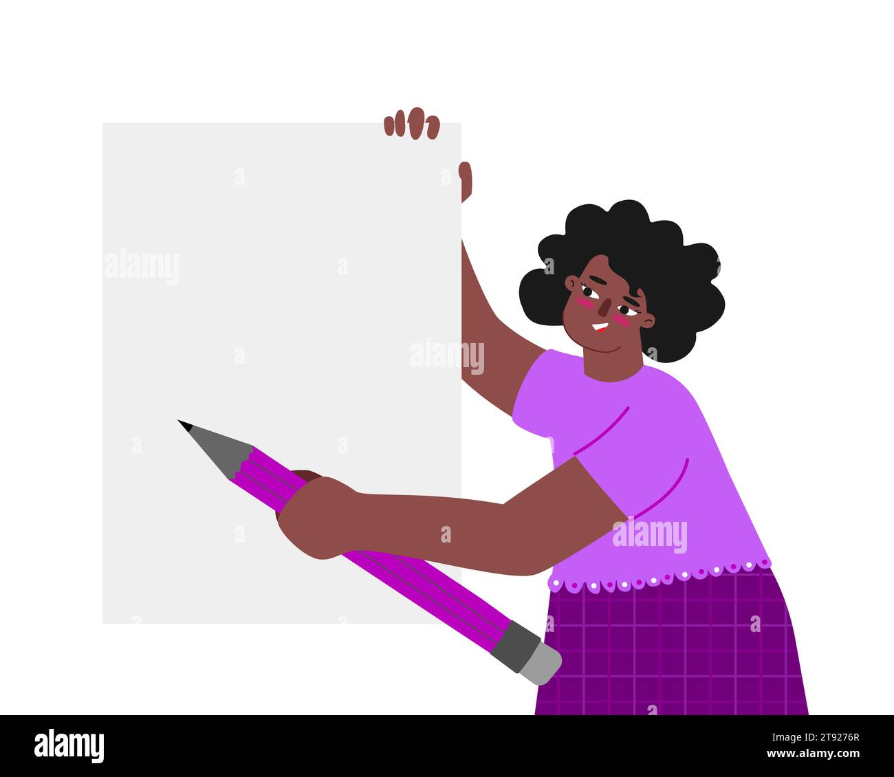 Vorlage für Vektorabbildungen mit weiblichem Zeichen und Kopierraum. Flache afroamerikanische Frau hält leeres Papier, Bleistift. Poster für Add Educati Stock Vektor