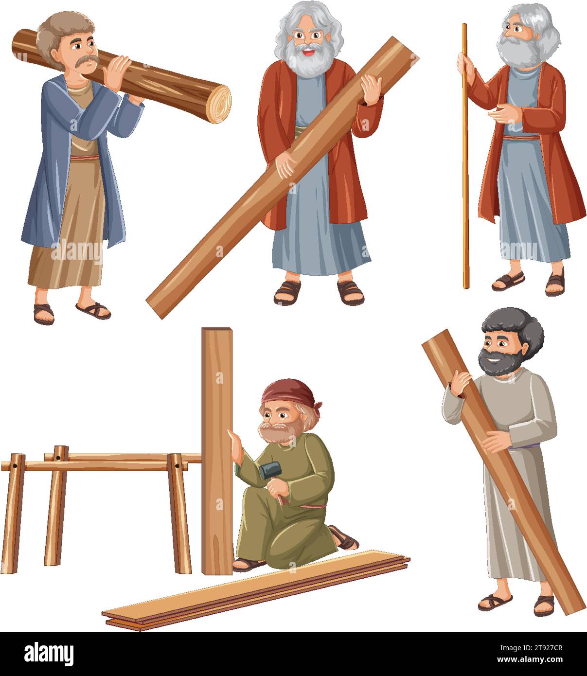 Vektor-Karikaturillustration von Männern, die mit Holz in der alten traditionellen Ära arbeiten Stock Vektor