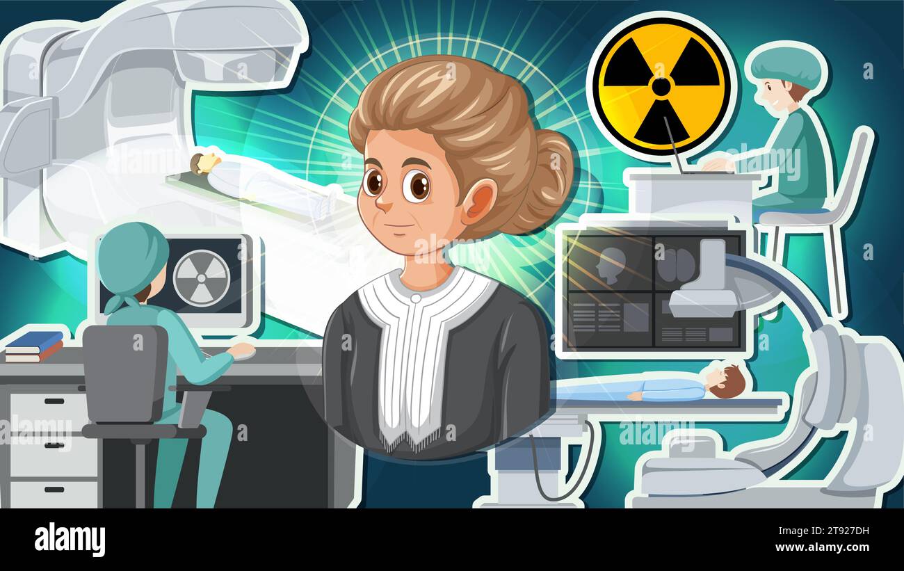 Eine Vektor-Cartoon-Illustration von Marie Curie und ihrer bahnbrechenden Arbeit in Chemie und radioaktiven Elementen Stock Vektor