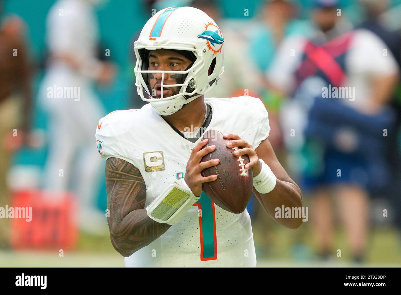 Der Miami Dolphins Quarterback Tua Tagovailoa (1) macht einen Pass-Versuch während eines regulären NFL-Saisonspiels zwischen den Las Vegas Raiders und den Miami Dolphins im Hard Rock Stadium in Miami Gardens, Florida am 19. November 2023. Die Dolphins besiegten die Raiders mit 20:13. (Max Siker / Bild von Sport) Stockfoto