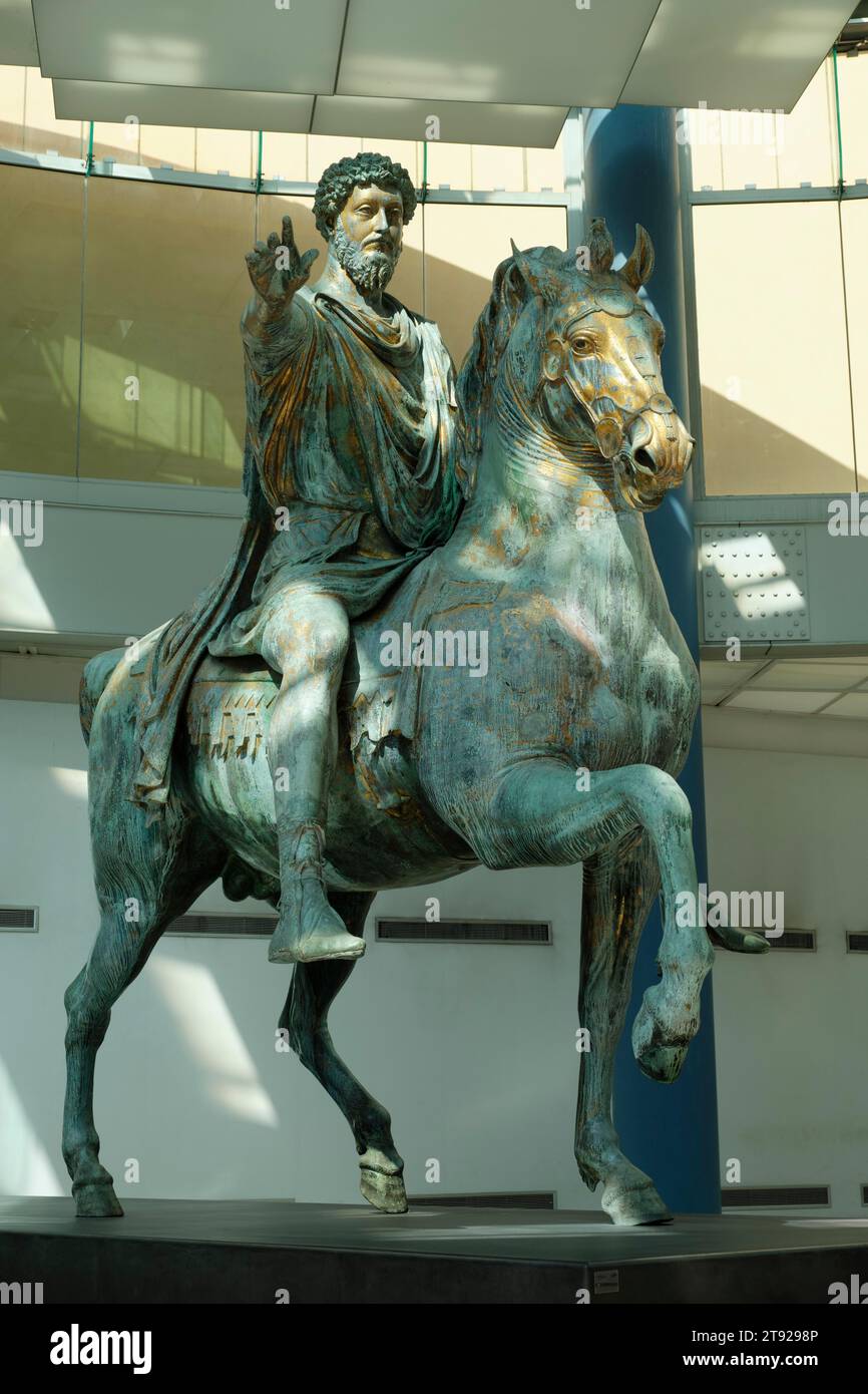 Reiterstatue von Marcus Aurelius, Kapitolinische Museen, Kapitolinischer Hügel, Rom, Latium, Italien Stockfoto