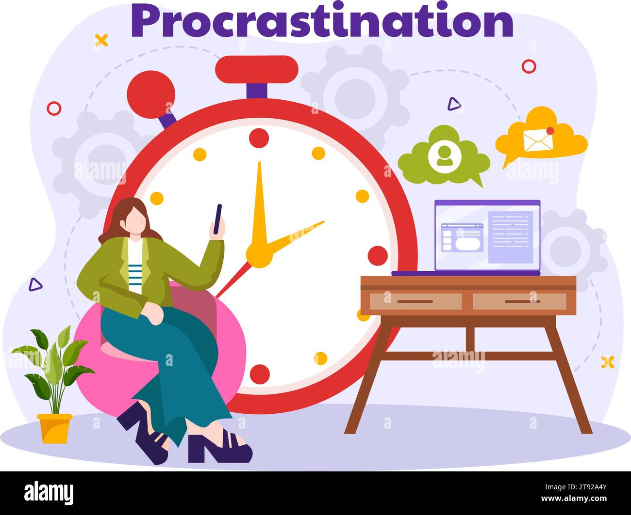 Prokrastination Vektor-Illustration mit verzögernden faulen Geschäftsmann-Angestellten Arbeit des Büroarbeiters im flachen Business Cartoon Hintergrund Stock Vektor