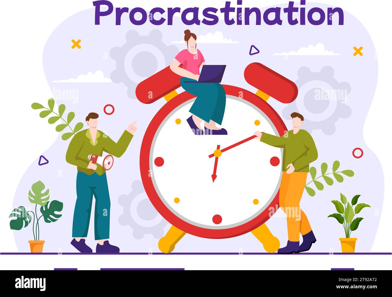 Prokrastination Vektor-Illustration mit verzögernden faulen Geschäftsmann-Angestellten Arbeit des Büroarbeiters im flachen Business Cartoon Hintergrund Stock Vektor