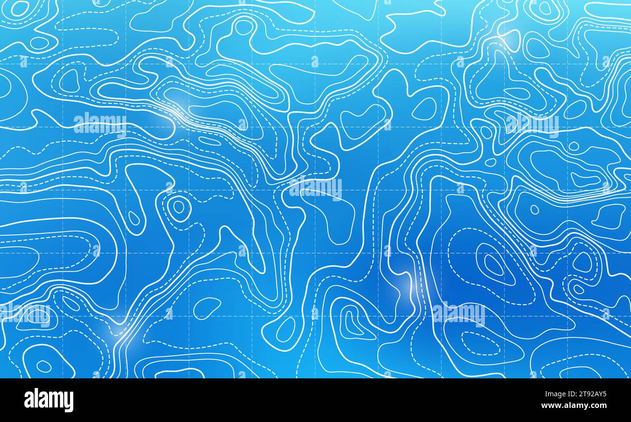 Topografische Linienkarte des Ozeans mit Vektordarstellung der kurvenförmigen Isolinien. Meerestiefe topographische Landschaftsfläche für nautische Radarwerte. Cartogra Stock Vektor